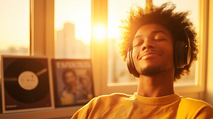 Male listener wearing headphones, enjoying retro music amid vintage vinyl collection, soft sunlight filtering across wooden shelves with classic record albums