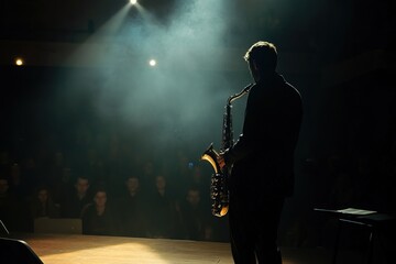 back view saxophonist performing on stage, with a spotlight highlighting the instrument, blurred audience in the background with dramatic lighting with smoke