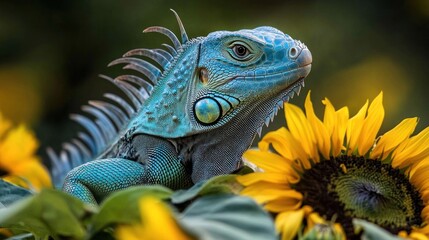 Obraz premium Blue iguana amidst sunflowers.