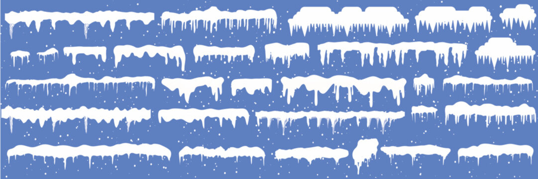 Set of white snowy cape set collection on blue background, snowdrifts set, Winter element, border frame snow decoration. cartoon flat decoration with snowflakes, icicles isolated on blue.