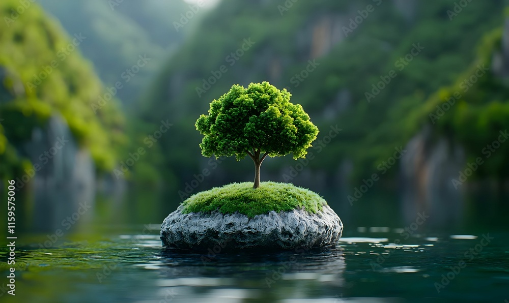 Poster lone tree on a floating island, a solitary tree rises majestically from a vibrant floating island, s