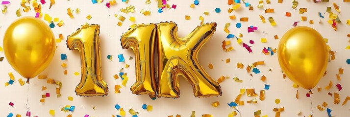 Celebrate reaching 1000 subscribers with gold foil 1K balloons and colorful confetti for a festive occasion. Generative AI