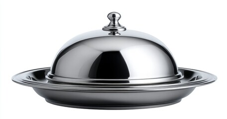 Obraz premium A shiny stainless steel cloche platter showcases its elegance, ideal for serving gourmet dishes at upscale gatherings and events