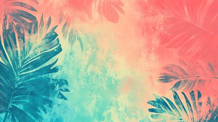 Colorful tropical abstract art with leaves in vibrant teal and coral hues.
