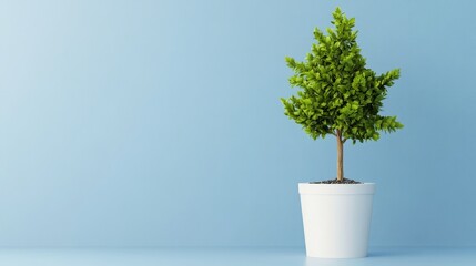 Green plant in a pot growing upward in an arrow shape against a blue background Concept image for business growth