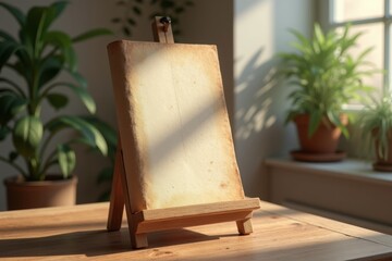 Blank canvas on wooden easel with indoor plants. Mock up for business and advertising