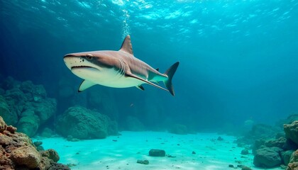 Shark Swimming in Clear Blue Ocean Waters Near Coral Reef