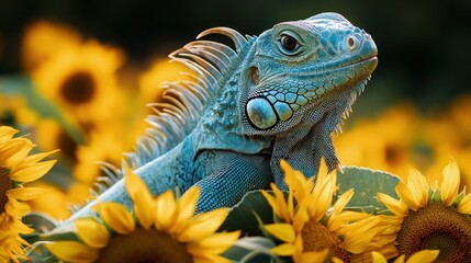 Fototapeta premium Blue iguana amidst vibrant sunflowers. (2)