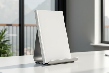 Blank book on stand against modern office background. Mock up for business and advertising