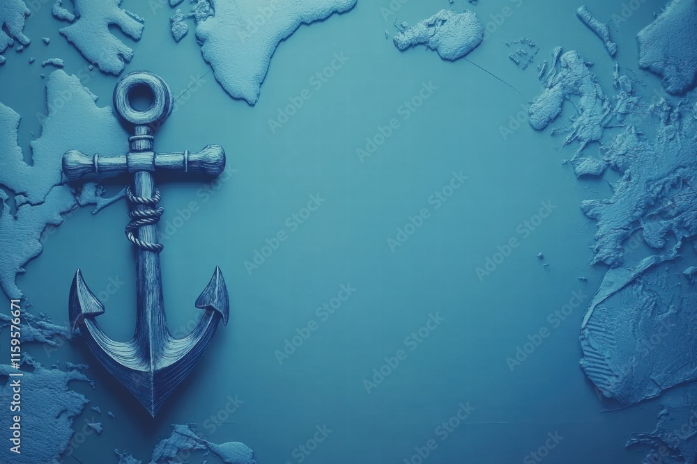 Fototapete Nautical anchor resting on a textured map with space for additional text or information in a serene blue setting. Generative AI