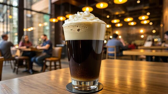 Creamy, nitro cold brew coffee topped with whipped cream sits on a wooden table in a modern cafe, with blurred patrons enjoying the ambiance in the background