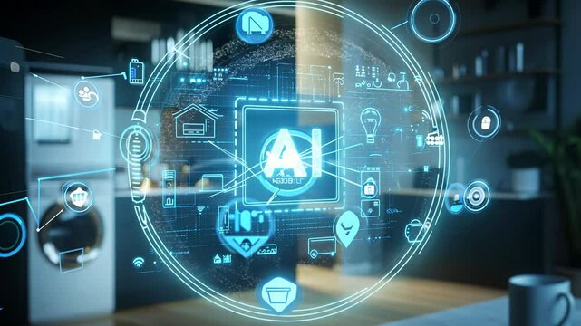 A digital assistant hologram with the text AI floating, showcasing how AI enhances user interaction and support in everyday life