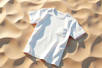 White t-shirt displayed on sandy surface. Mock up for business and advertising