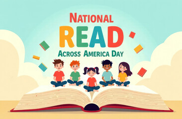 colorful illustration of children sitting on open book against sky background celebrating national read across america day. reading, literacy, educational poster design, cute cartoon illustration