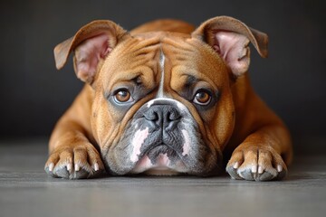 Obraz premium Sad English bulldog resting on the floor indoors in a calm setting with soft lighting