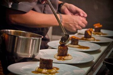 Close-up of a chef's hands delicately plating gourmet cuisine under elegant lighting in a fine dining kitchen.