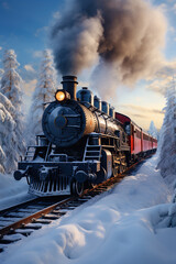 Naklejka premium vertical image retro train is traveling through a snowy forest