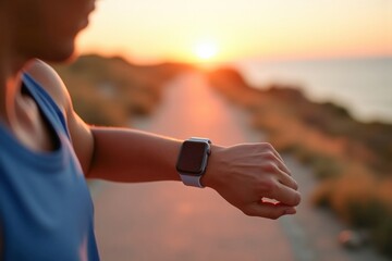 Man checking smartwatch at sunset on a scenic path.  Mock up for business and advertising