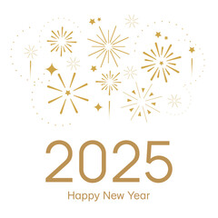 2025 happy new year square banner. Golden number with golden fireworks on the white background. Ney Year greeting template for social media and typography. Holidays concept.
