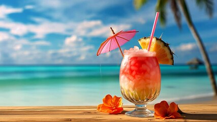 A tropical cocktail with fresh fruits and ice, served beachside under palm trees. Vibrant summer vibes, sandy shores, and an exotic ocean backdrop create paradise.






