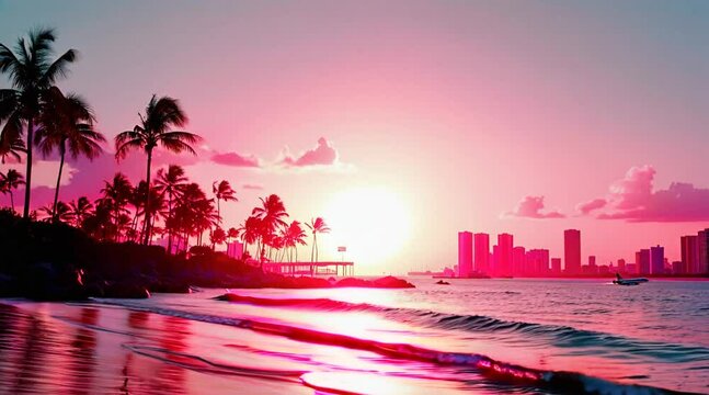 1980s Miami Vice Style Sunset on the Beach with City Background