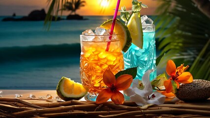 A tropical cocktail with fresh fruits and ice, served beachside under palm trees. Vibrant summer vibes, sandy shores, and an exotic ocean backdrop create paradise.






