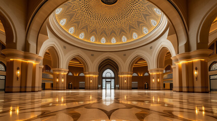 Wide-angle shot of interior of a majestic mosque, Islamic background.