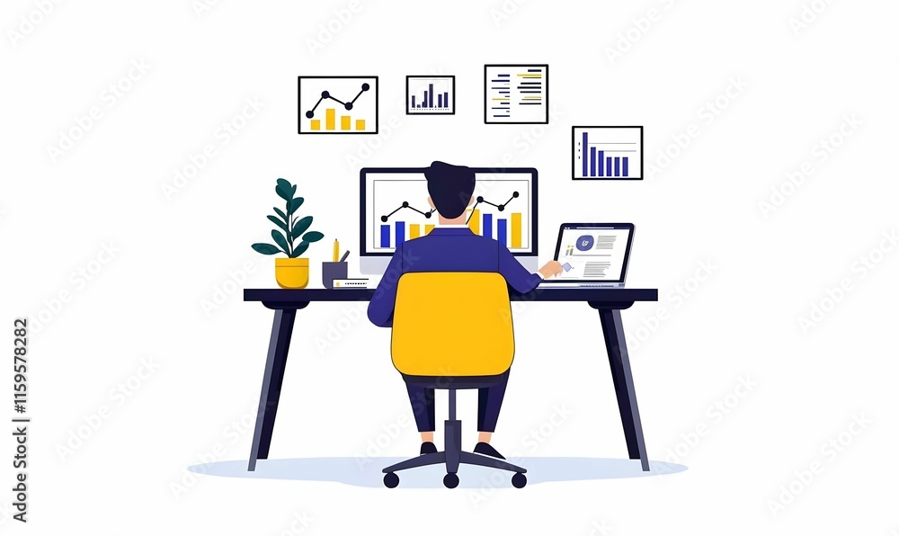 Poster tech-savvy professional immersed in data analysis, vibrant screens showcasing complex graphs and ins