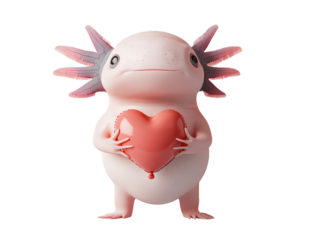 Adorable Cartoon Axolotl with Tiny Wings Holding a Heart-shaped Object, Perfect for Whimsical Illustrations and Playful Designs