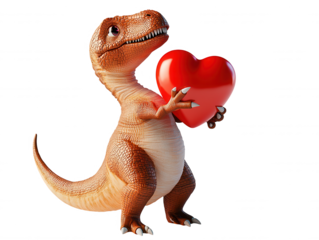 Cute Cartoon Dinosaur Holding Bright Red Heart Balloon in Colorful Style Perfect for Children's Illustrations and Fun Graphics