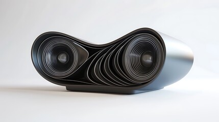 A modern home theater sound system speaker with smooth curves, placed on white.