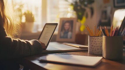 Child engaged in learning at a cozy desk in a sunlit home environment