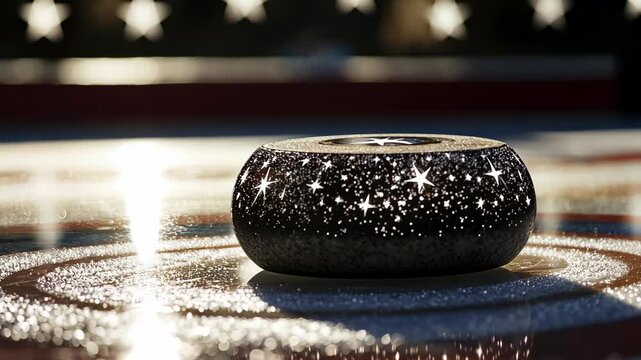 Unique curling stone rests on polished ice reflecting light in an indoor arena during a competitive event