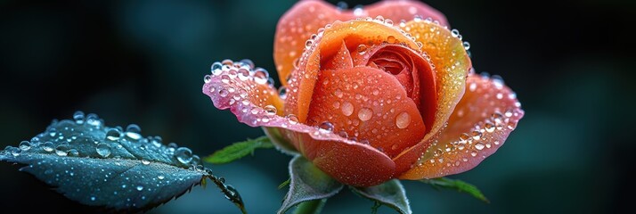 Close-up view of a dew-kissed open rosebud showcasing its vibrant colors and delicate details