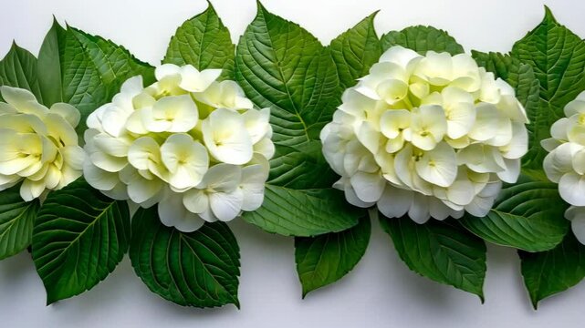Beautiful hydrangea flowers arranged with green leaves for decoration in a bright setting
