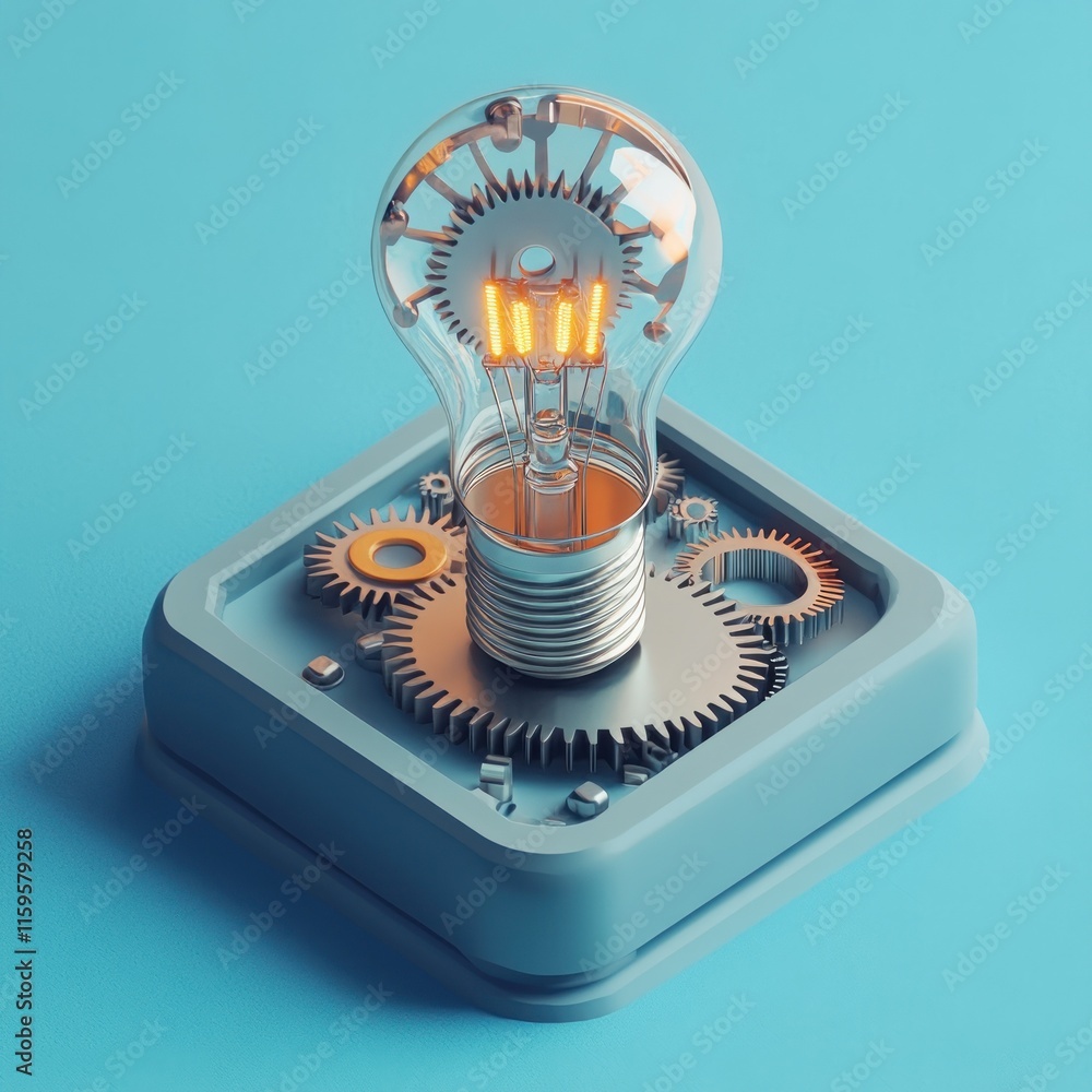 Poster illuminated lightbulb with gears on a square base.
