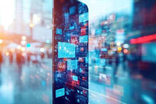 Social media news feed displayed on smartphone screen in urban setting during evening hours. Generative AI - Powered by Adobe