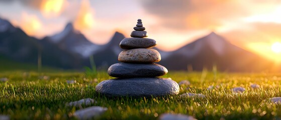 Obraz premium Tranquil Mountain Landscape, a vibrant illustration capturing majestic peaks, lush valleys, and a peaceful sky, evoking a sense of calm and wonder.