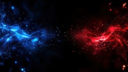 Dynamic clash of blue and red energy waves digital realm abstract art dark background eye-level perspective visual contrast