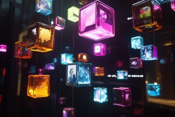 Floating cubes with abstract symbols showcase vibrant digital content in a modern space. Generative AI