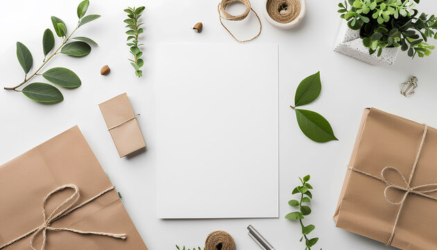 Blank brochure on white background, above view. Mock up for design