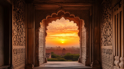 A carved stone window in an Indian palace frames a vibrant sunset, casting a warm glow over ornate stonework, evoking timeless beauty and peaceful majesty.