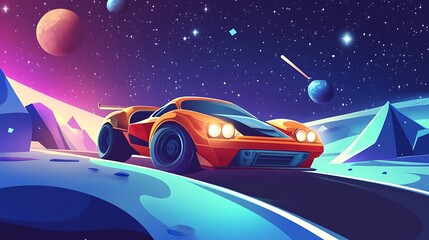 A vibrant, futuristic car on a cosmic road surrounded by planets and stars.