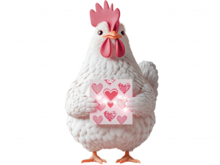 Whimsical Chicken Character Holding Heart Patterned Card, Perfect for Fun Illustrations, Cute Designs, and Playful Themes in Creative Projects