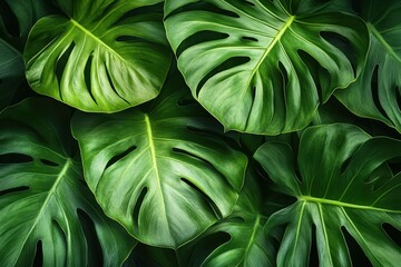 Fototapeta premium Detailed structure of monstera leaves showcasing their unique shape and texture in vibrant green