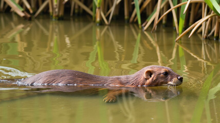 Obraz premium Бобр плавает в пруду с камышами, иллюстрация дикой природы