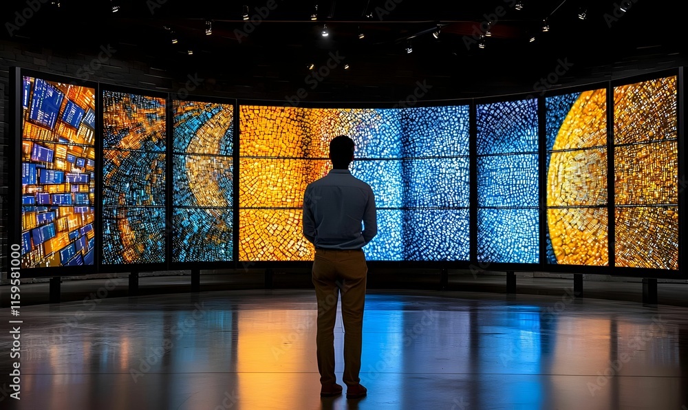 Poster silhouette of an individual engaged with multiple digital screens, exploring the intersection of tec