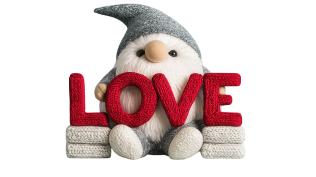 Adorable Gnome Character Sitting with Emphasized Love Letters in a Cozy Knit Style, Perfect for Valentine's Day or Romantic Decorations