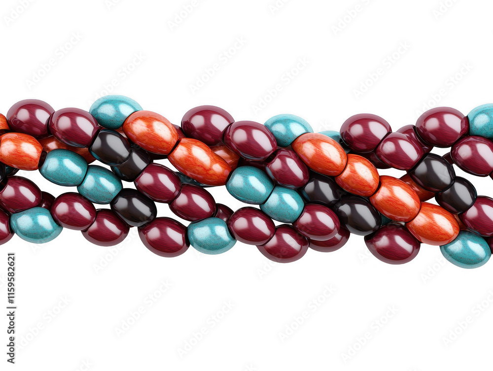 Poster dynamic arrangement of colorful beads on a string showcasing realistic textures and vibrant hues for