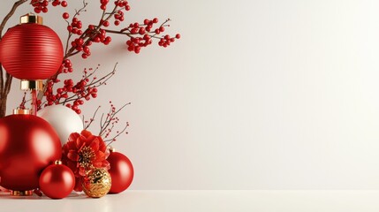 Joyful chinese new year celebration festive home decor red lanterns and ornaments warm indoor environment close-up view traditional elements